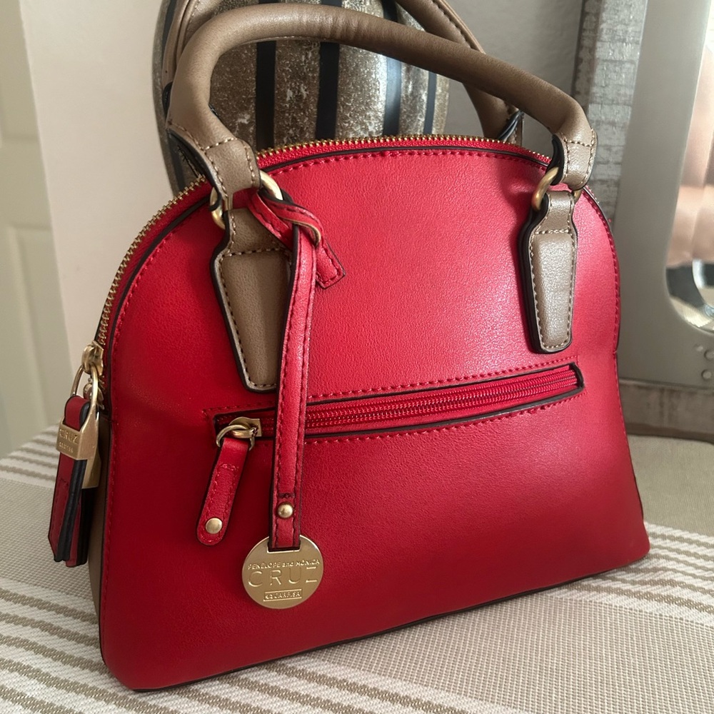 Elegant Red and Brown Leather Satchel